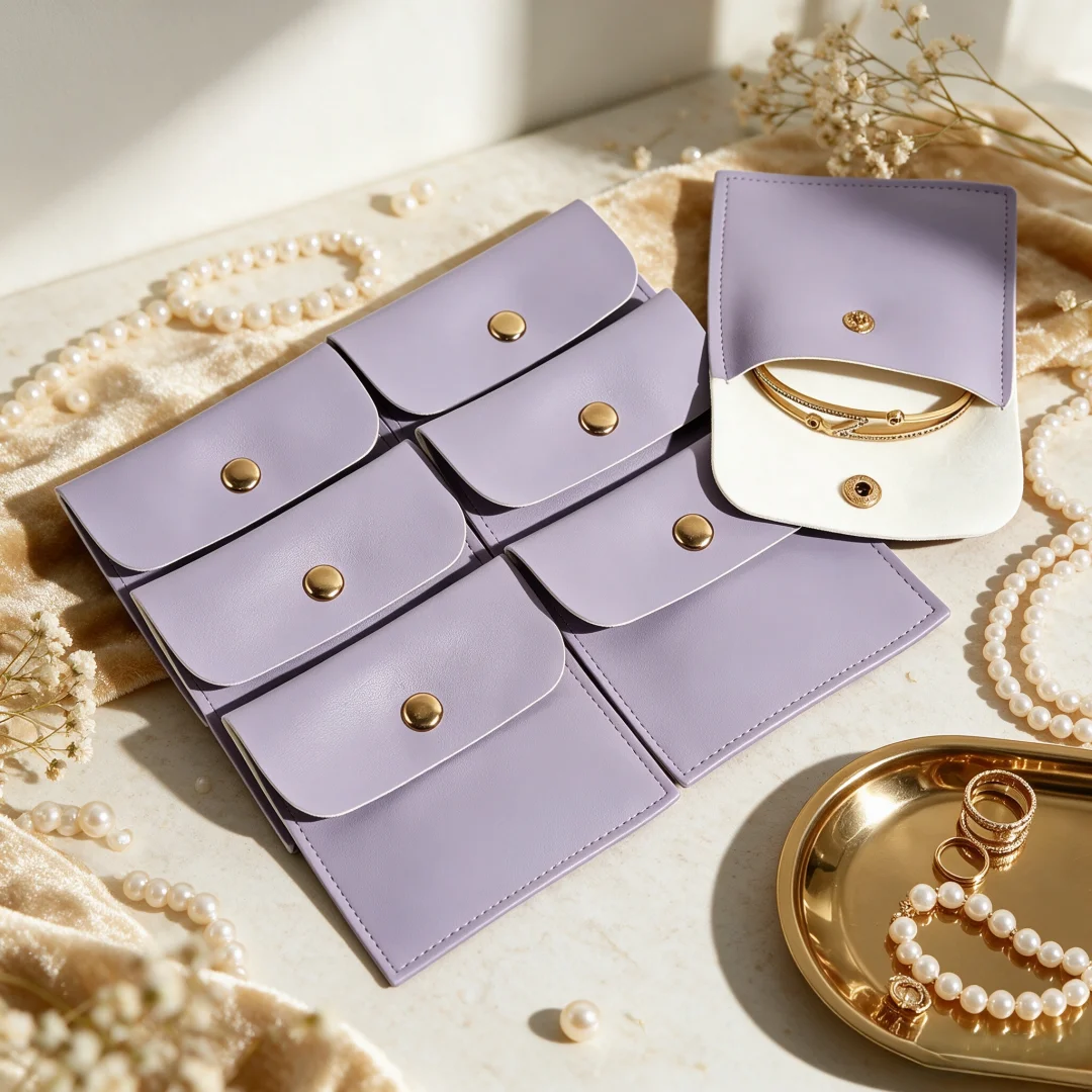 10 Stück exquisite 8 x 8 cm große Schmuckbeutel aus PU-Leder mit Schnappverschluss für Kristallarmreifen für Party- und Alltagsschmuckschutz