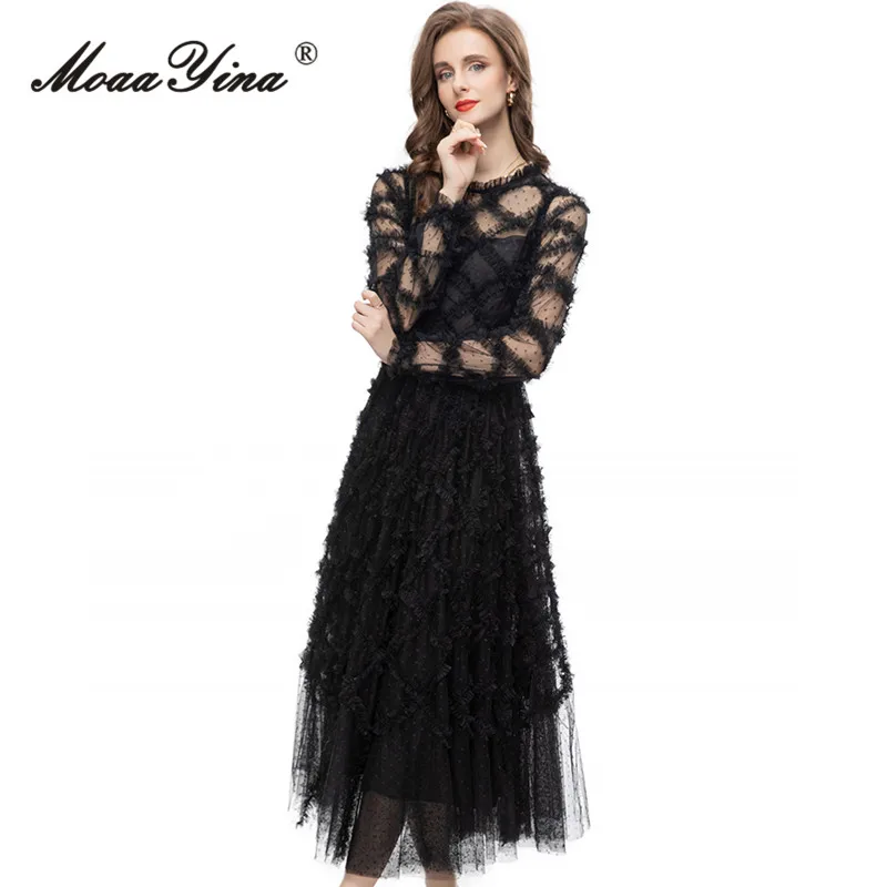 MoaaYina Summer Fashion Runway Black Vintage Mesh Dress Women Lantern Sleeve Ruffles High Waist Polka Dot Print Slim Long Dress