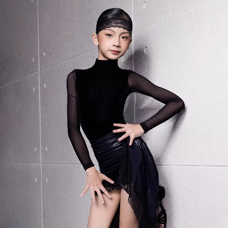 

2026 Latin Dance Professional Costume Girls Latin Dance Performance Clothes Kids Long Sleeves Top Lace Irregular Skirt DW11249