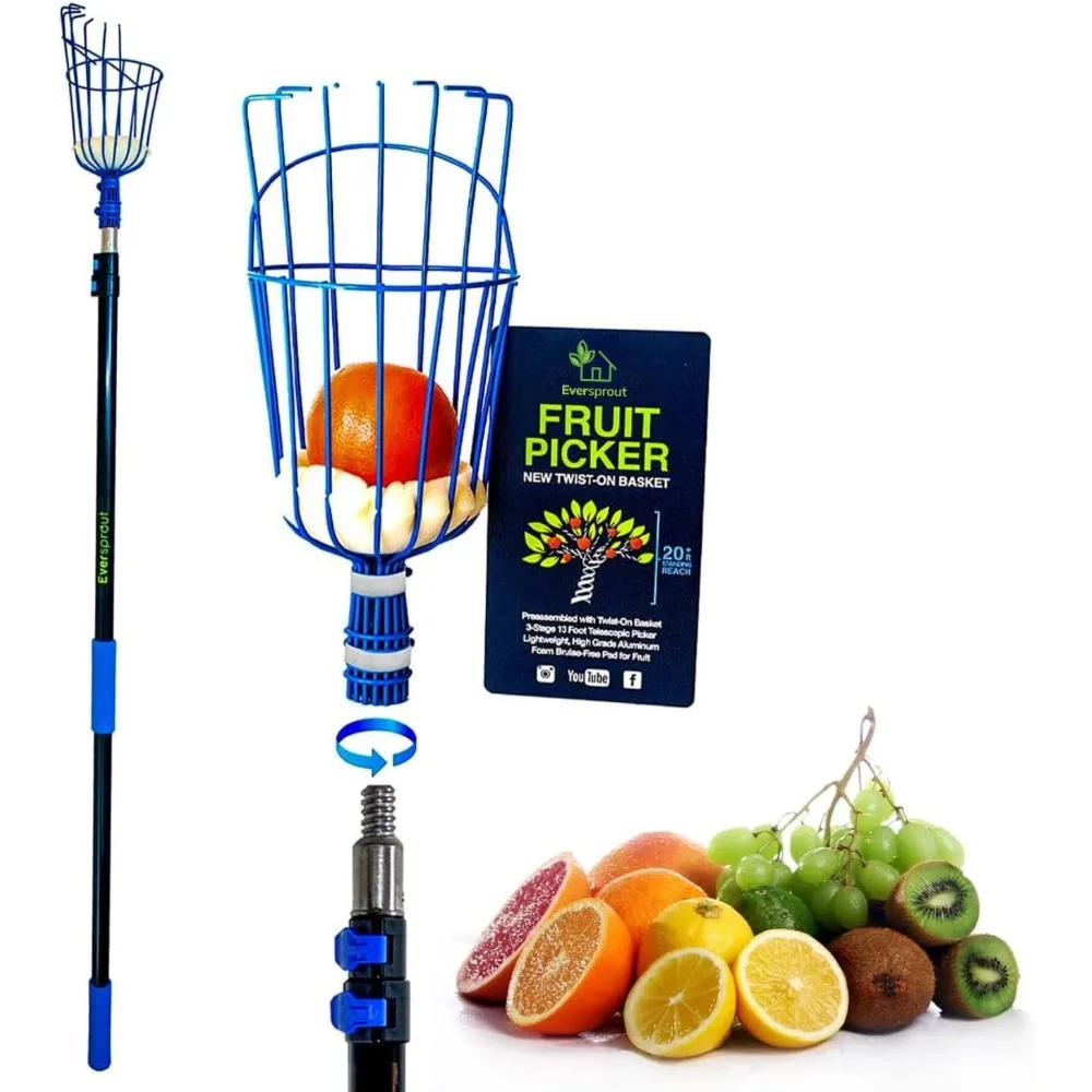 Recolector de frutas de 12 pies (más de 20 pies), palo telescópico para recoger frutas, fácil de colocar, cesta de manzana giratoria, ligero