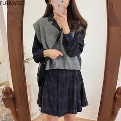 Autumn Basic Mini Dresses Hot Women Long Sleeve Japan Korean Style Design Cute Sweet A Line Vintage Girls Plaid Shirt Dress