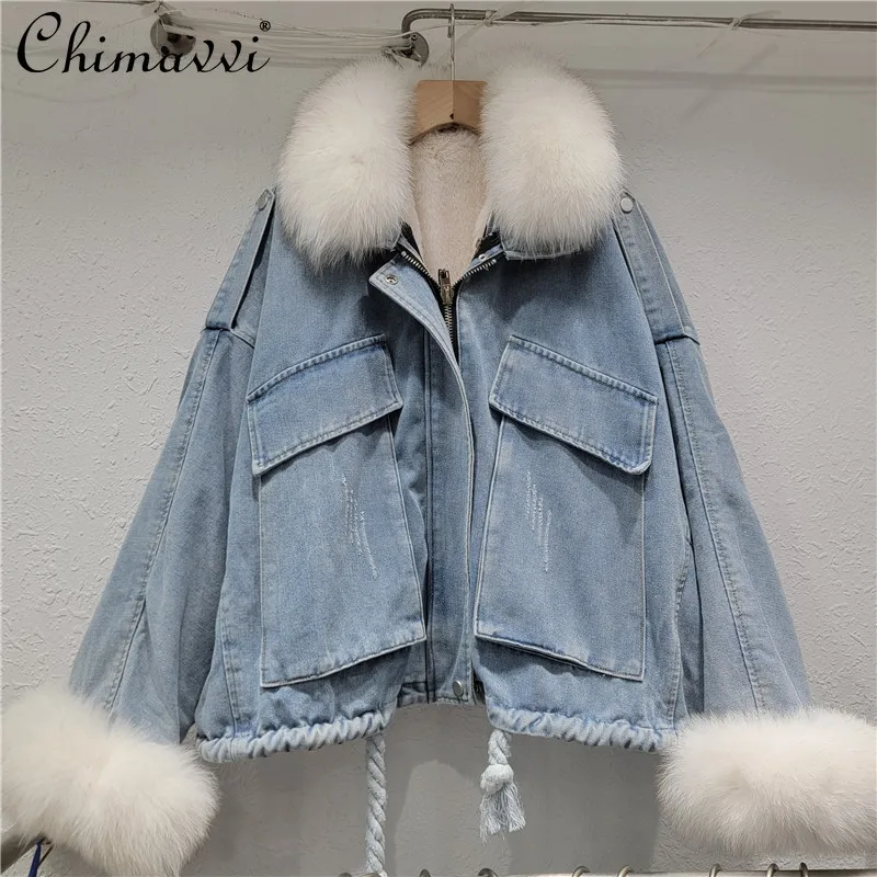 الراقية الفراء الحقيقي طوق الدنيم سترة المرأة مبطنة بالصوف سميكة الشتاء الكورية موضة فضفاضة Batwing كم معطف القطن الدافئ