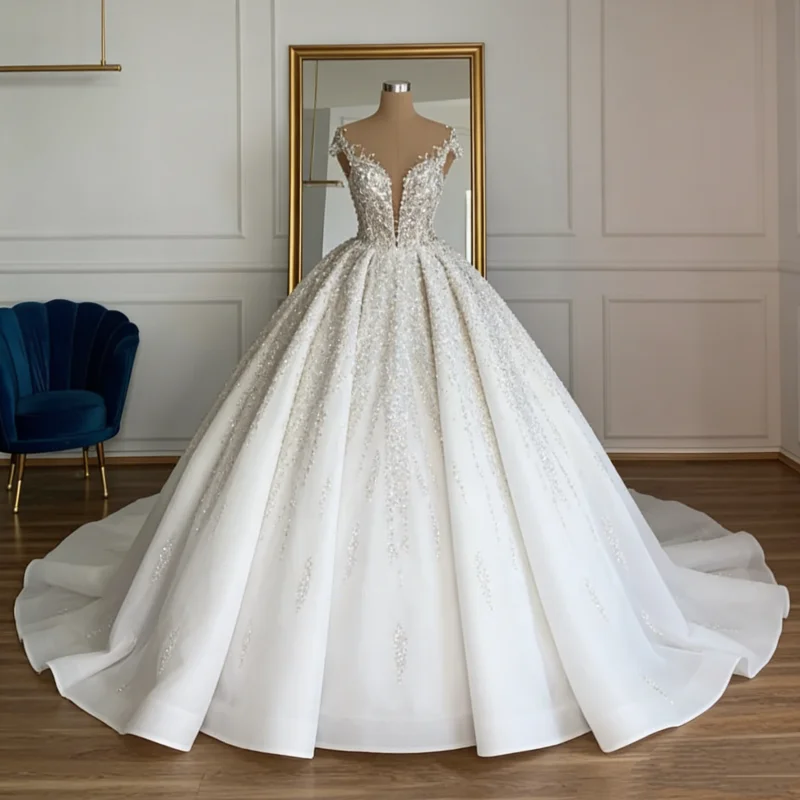 

Customized White Large Skirt Wedding Dress Satin Deep V-Neck Sleeveless Pearl Embroidered Sequin Puffy Skirt Vestido De Novia
