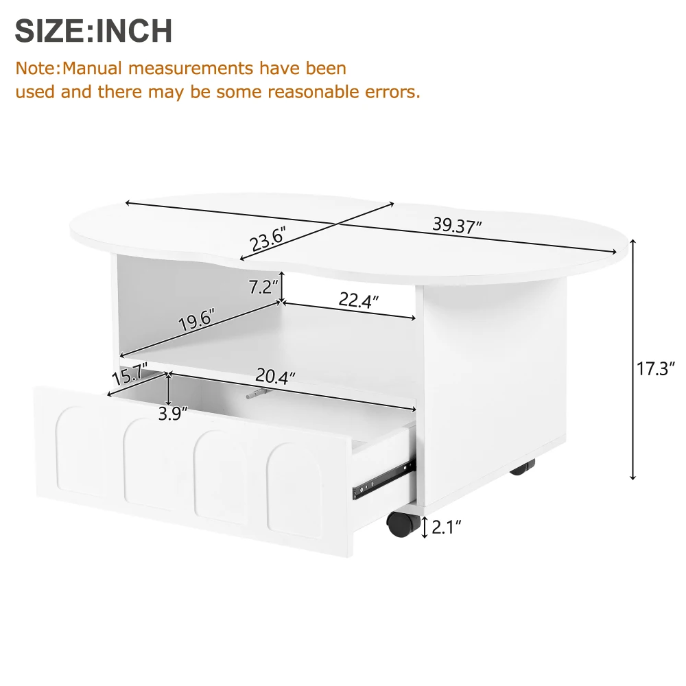 Flexible Cream Style Coffee Table with 2 Brake Wheels,Irregular Center Table with Large Storage for Living Room, 39.37''x 23.6''