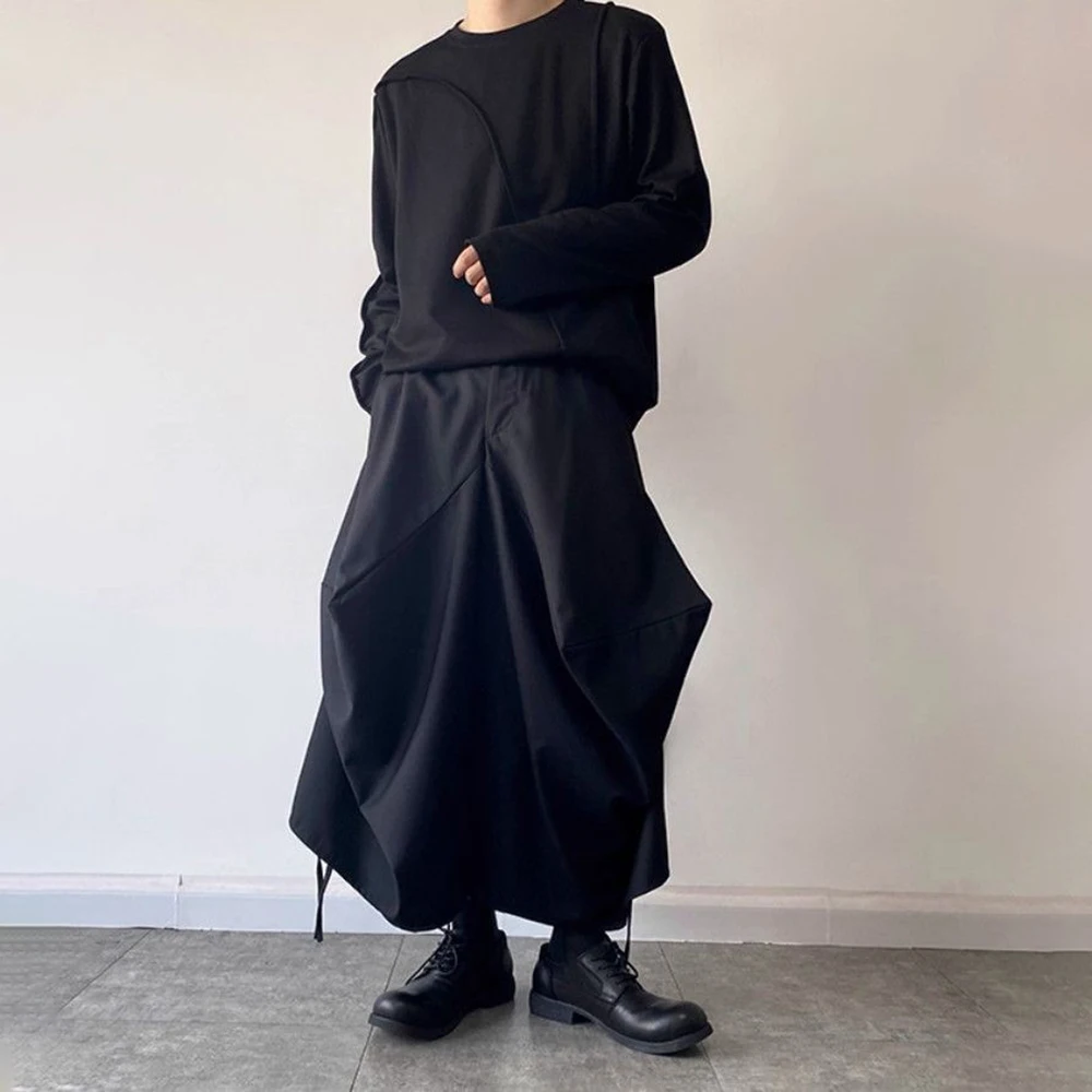 Summer New Men's Solid Color Irregular Skirt Pants Chinese Retro Fashion Trend Street Loose Casual Breathable Niche Men's Bottom