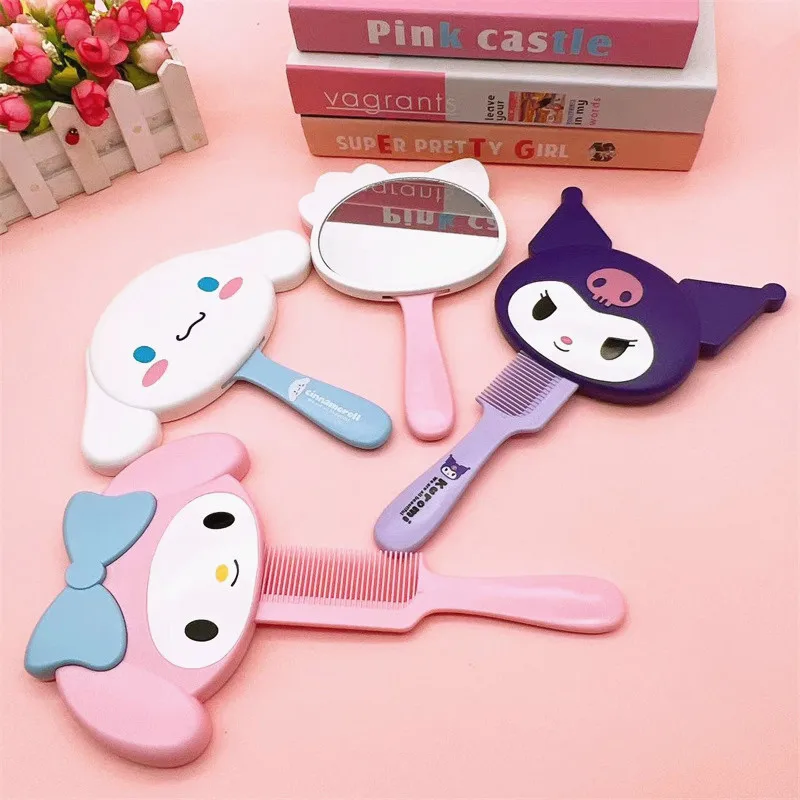 

Sanrio Hello Kitty Handheld Mirror Student Kuromi Portable Makeup Mirror Simple Portable Folding Mirror Comb Integrated