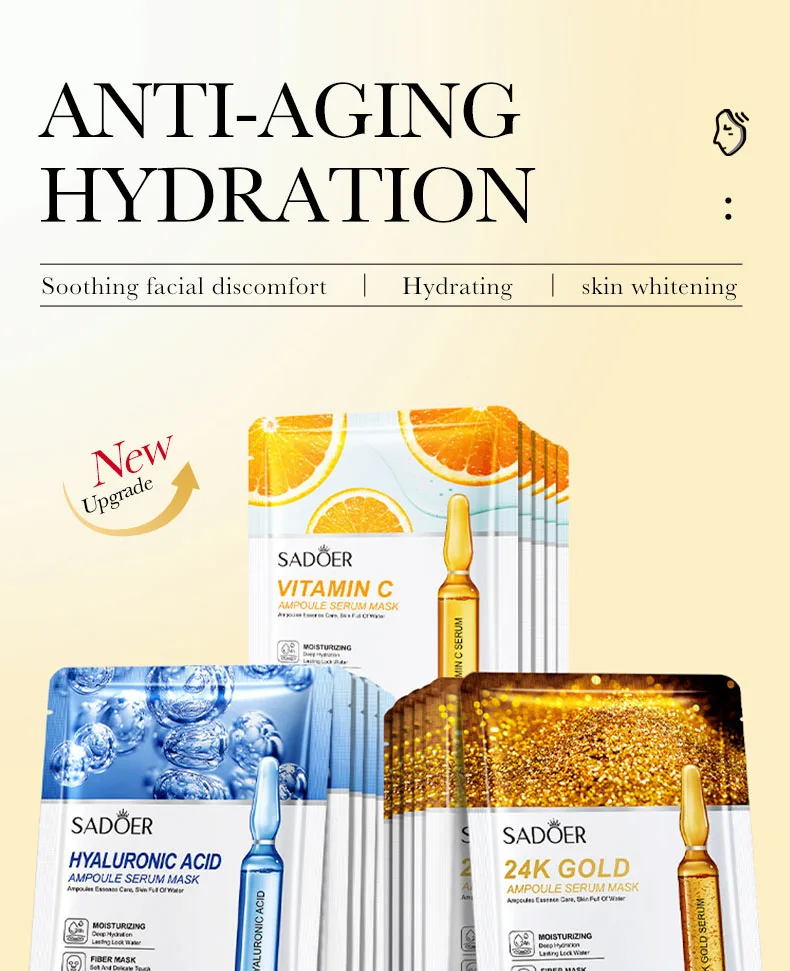 15 Stück SADOER 24K Gold Vitamin C Hyaluronsäure Gesichtsmasken für Gesicht, feuchtigkeitsspendend, straffend, feuchtigkeitsspendend, Gesichtsmaske, Gesichtspflege – Detail 1