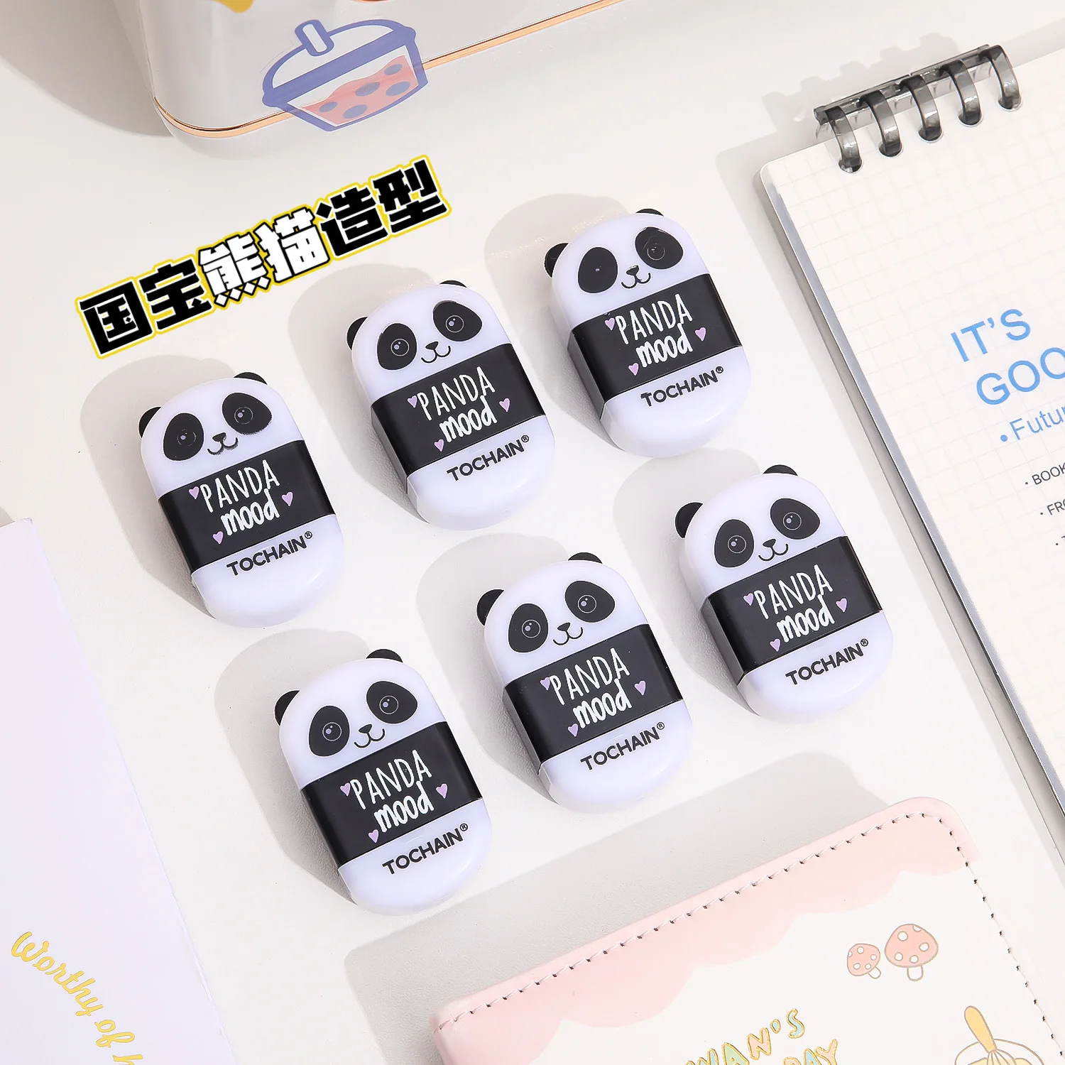 Kawaii Black White Panda Shape Rubber Pencil Erasers with Sharpener Student Kids Prizes Stationery School Supply Cute Stationery