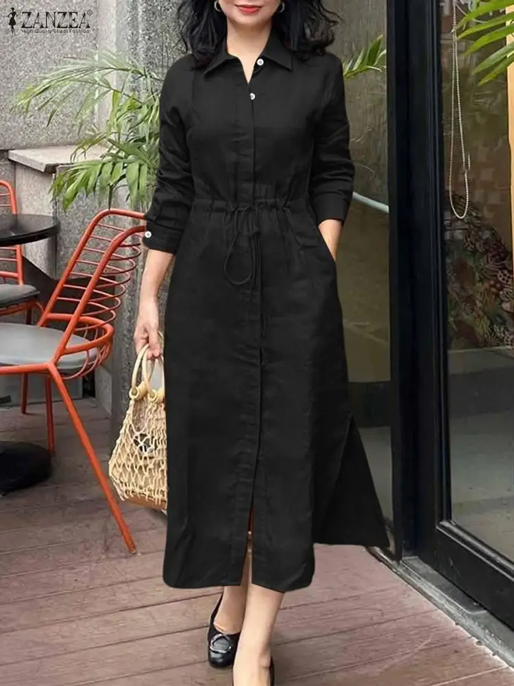 ZANZEA otoño elegante solapa cuello manga larga vestido camisero vestidos de mujer 2025 elegante sólido OL vestidos de trabajo botones Midi Up Robe