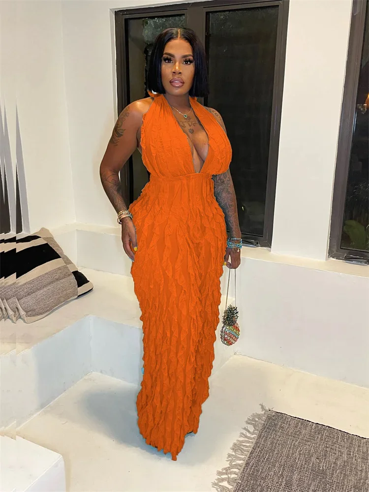 Wmster ジャンプスーツ女性のセクシーなパーティークラブロンパースフリルホルター背中の開いたノースリーブワイドレッグ遊び着新卸売ドロップシッピング