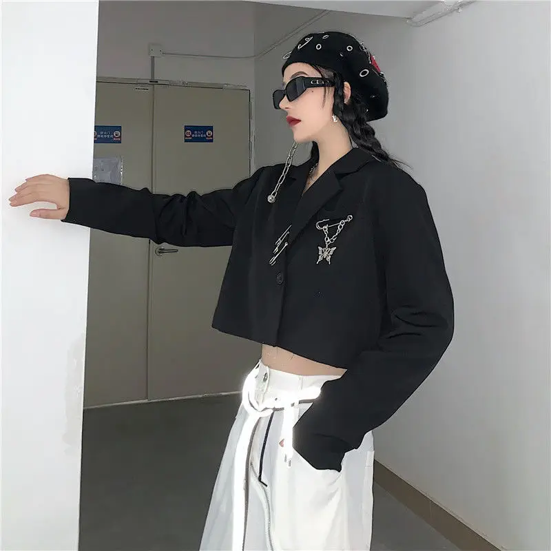 Blazers Women Black Spring Cropped Slim Streetwear Cool College Design Stylish Solid All-match 2021 Simple Ulzzang Aesthetic Ins