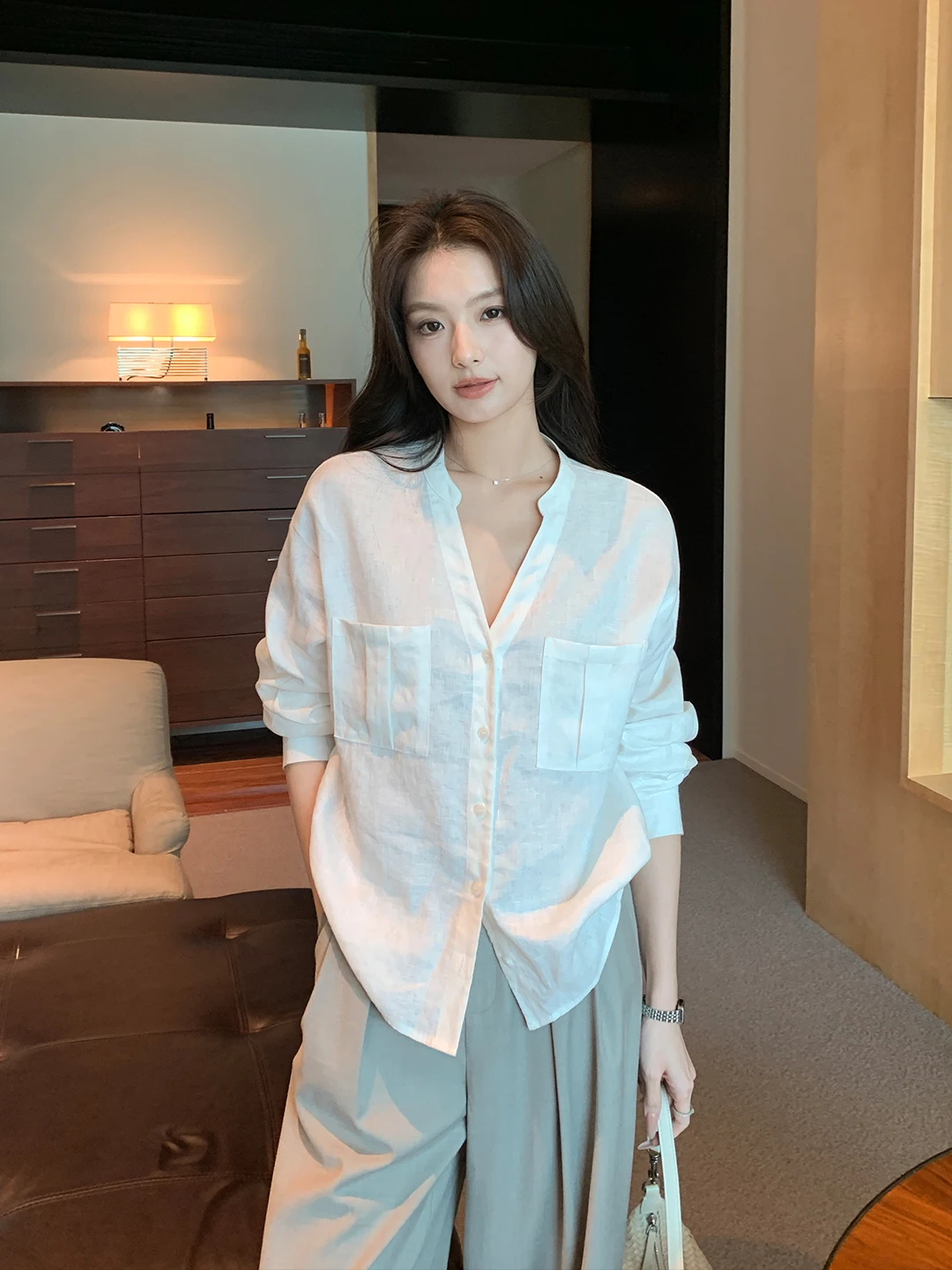 

Ele V-Ne Linen irt Women's Loose Long Sve Casual Sle Sun Protection Faionable Summer Spring Autumn Top