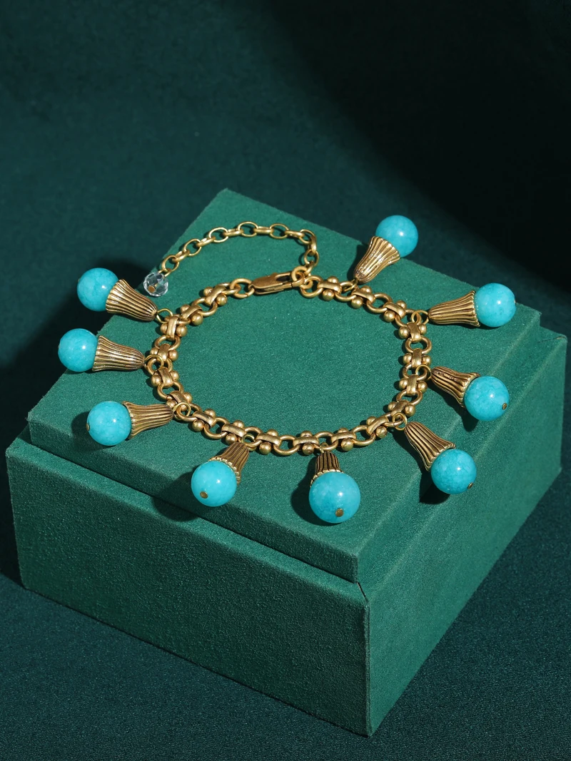 خمر الفيروز ضوء لمبة شرابة سوار 18 كيلو الذهب اللون الحجر الطبيعي الإسورة مجوهرات العتيقة اكسسوارات الرجعية للنساء