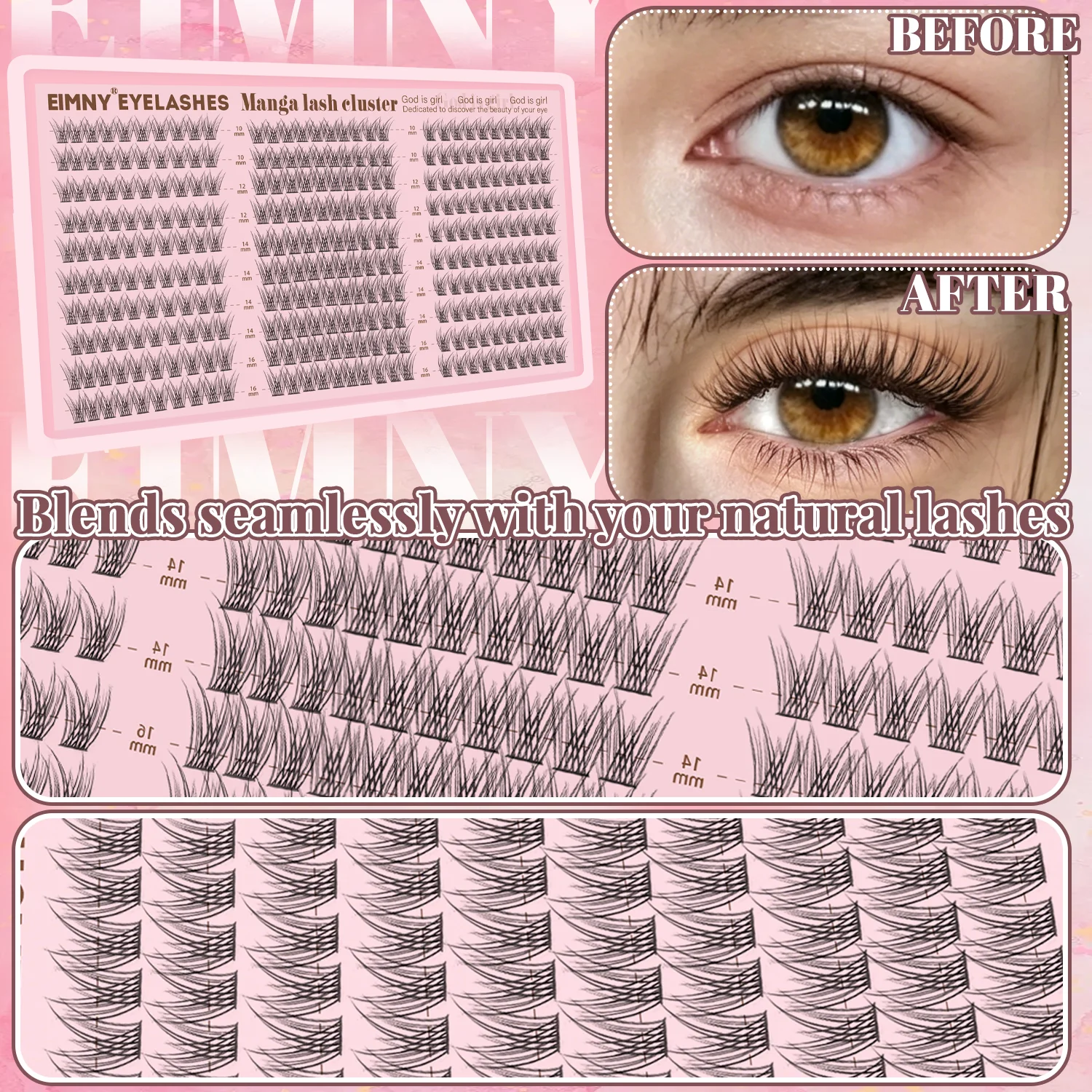 EIMNY Wimpernverlängerungen, natürlich wirkende, lockere Wimpern, DIY C-Curl, einzelne Wimpernbüschel, Schwarz, 10-16 mm, 300 Stück, mit Kleber, Versiegelungsmittel und Pinzette – Detail 3