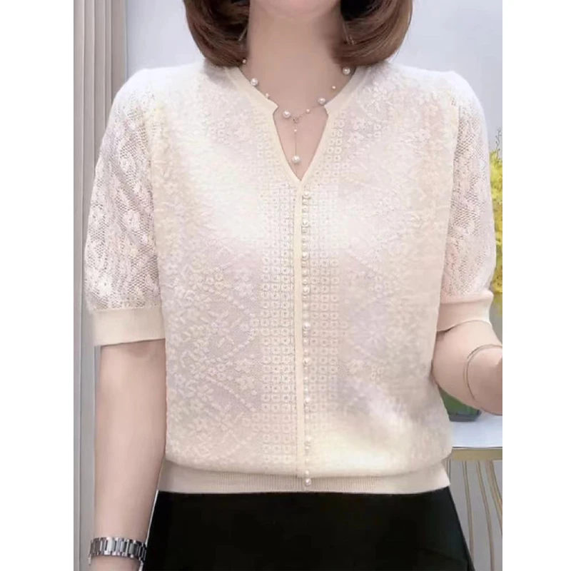 Women Fashion Jacquard Beaded Chic Short Sleeve Ice Silk Knitted T-shirt Summer Ladies Elegant V Neck Loose Solid Pullover Tops