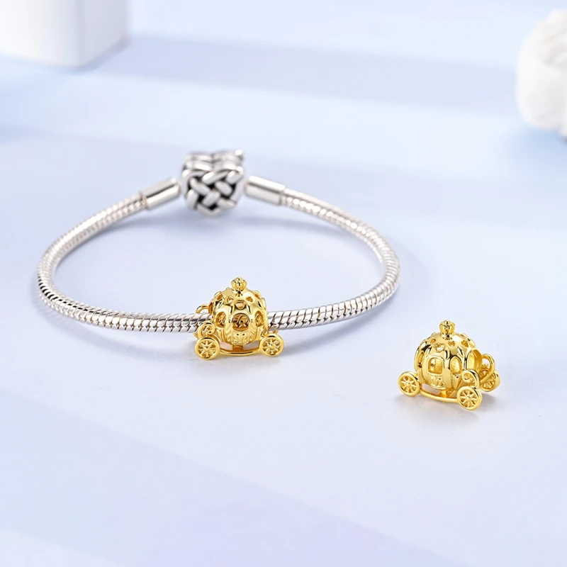 925 Sterling Silver Charms Bead Golden Royal Pumpkin Car Dangle Fit Original Bracelet DIY Women Birthday Jewelry Gift
