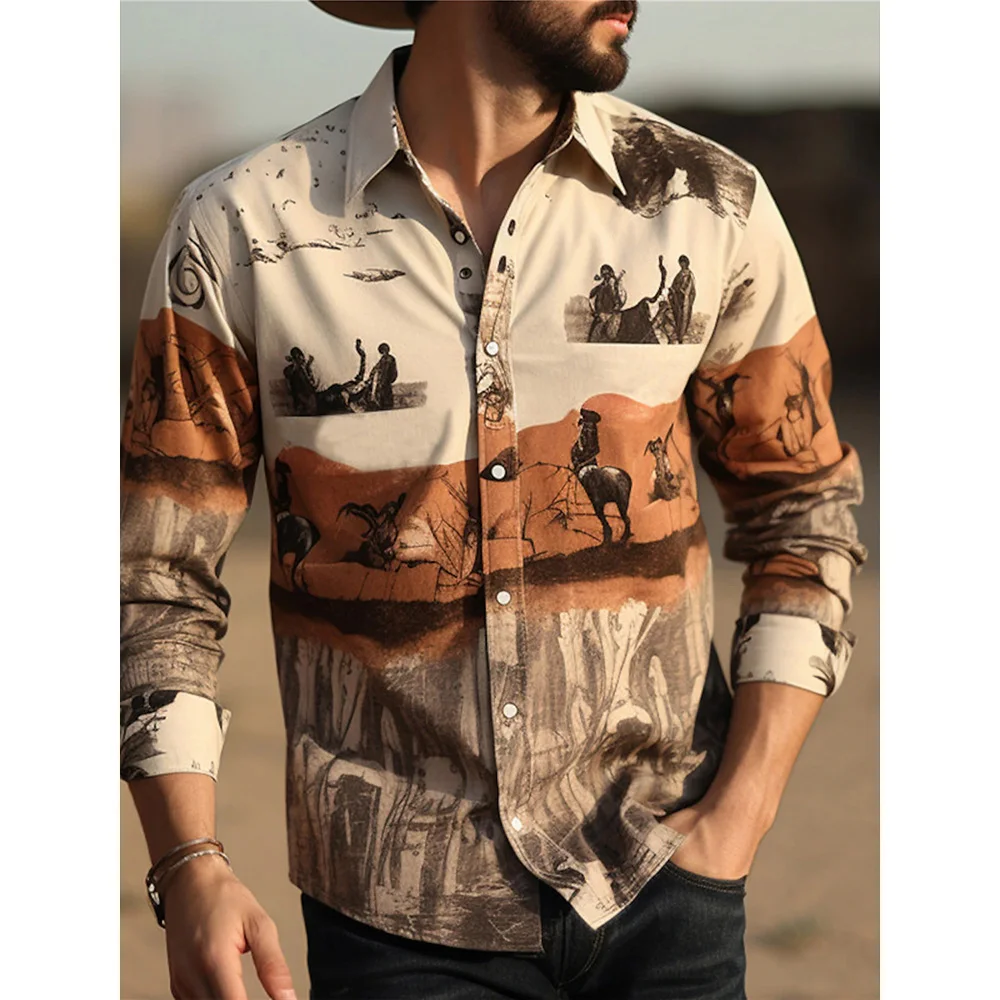 Long Sleeve Hawaiian Shirts Yellowstone Western Cowboy Graphic Shirts Men Fashion Vintage Shirt Cuba Beach Blouse Men Clothing