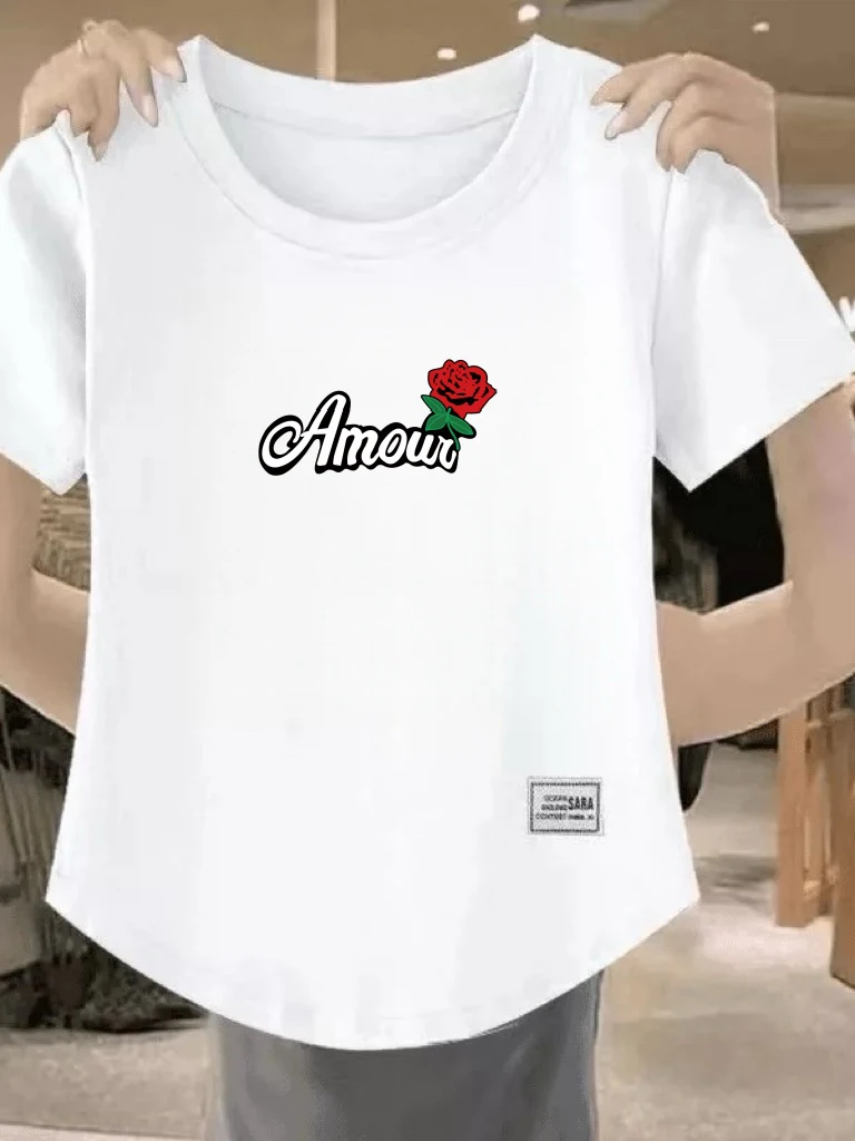 

High-End Casual Style Women's T-Shirt Short Sleeve Letter Print round Neck Loose Fit Fashionable Top plus Size Popular Item