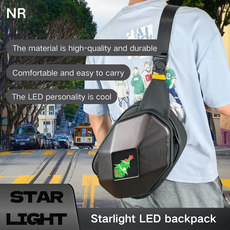 Motorcycle shoulder bag with LED display screen mobile app controls travel backpack work bag