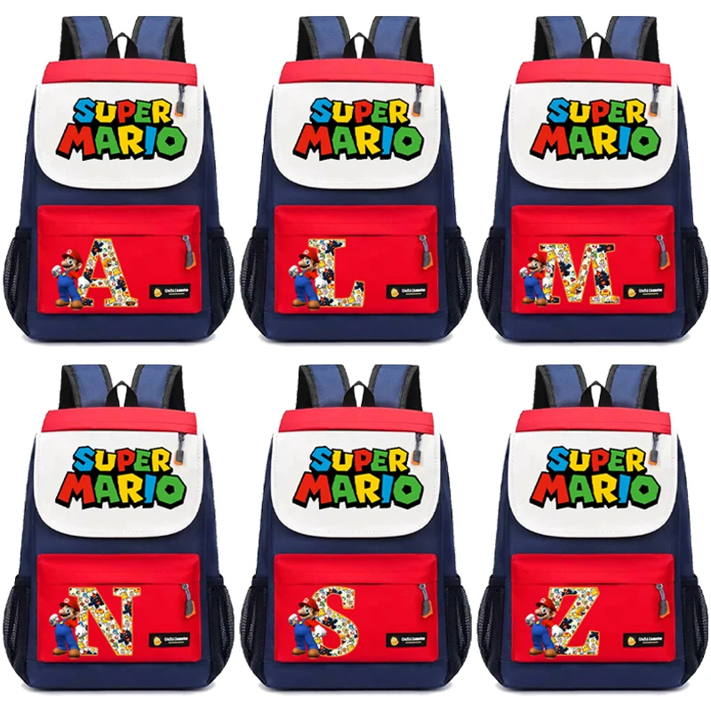 

New Super Mario Bros Child Backpack Cartoon Letter A-Z Printed Kids Backpacks Boys Anime Schoolbag Children School Supplies