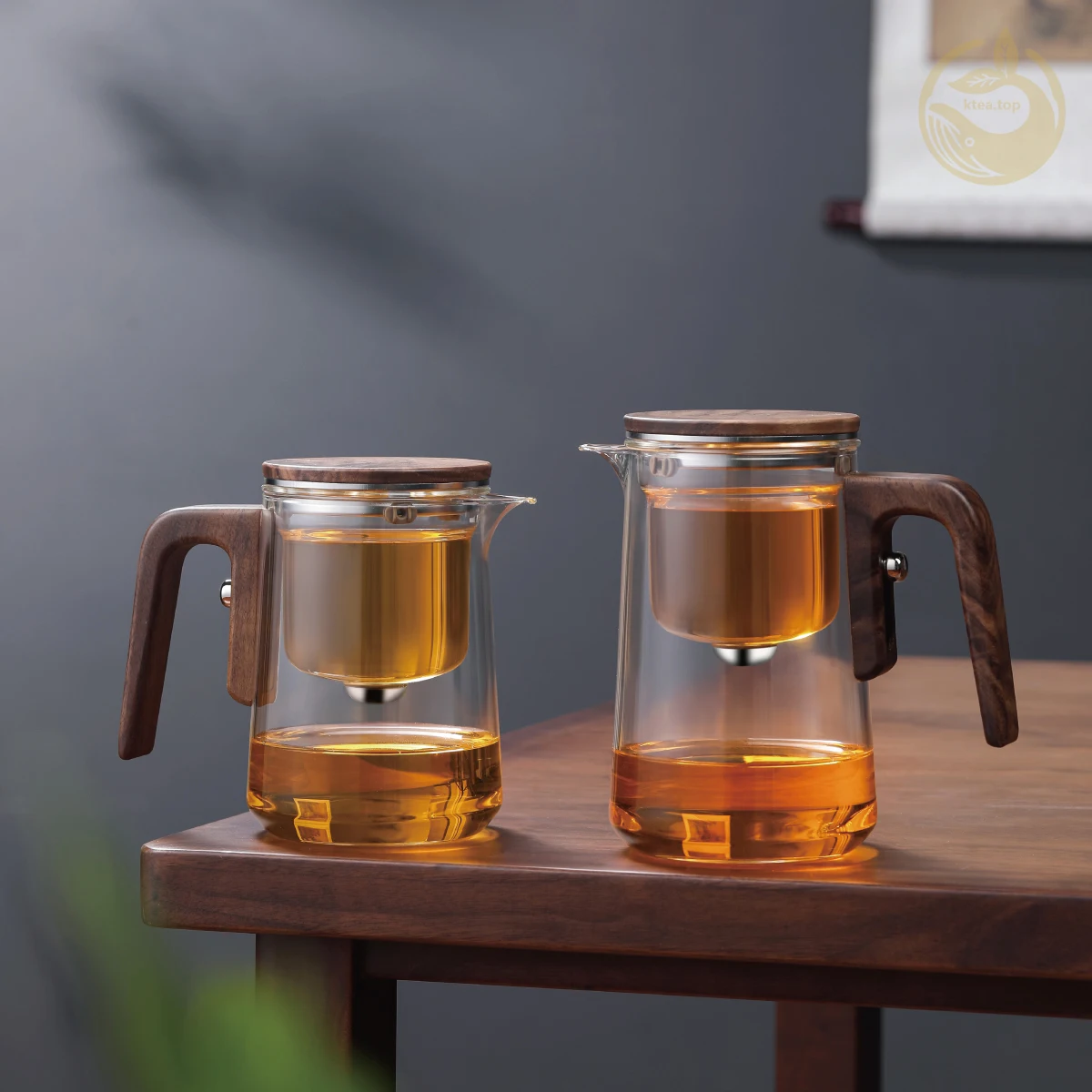 KTea Magical One-Key Brewing:  Real Walnut Glass Teapot with Infuser for Perfect Kung Fu Tea