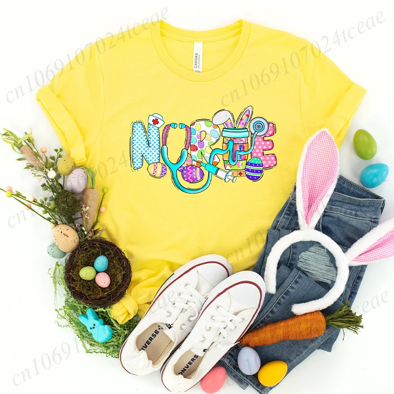 Easter Nurse T Shirt for Women Clothing Fashion Gnomes Cute Bunny Graphic Tops Harajuku Short Sleeve Tees Hip Hop Streetwear