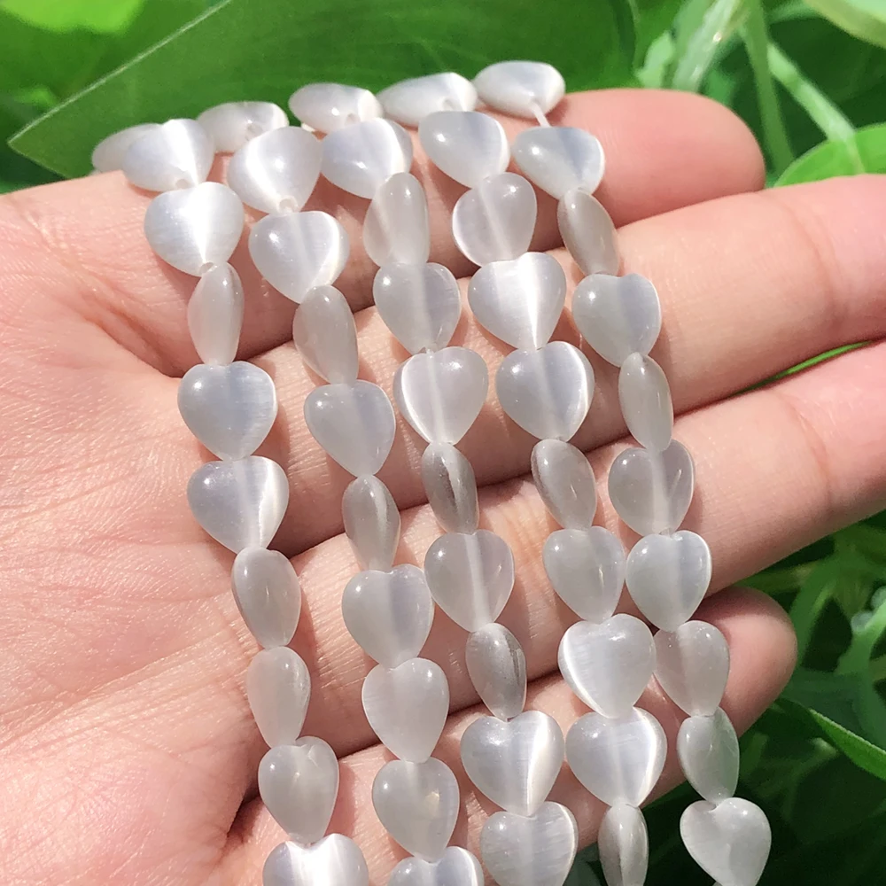 Natural Stone Love Heart Pink White Moonstone Cat Eye Beads For Jewelry Making Smooth Loose Beads Opal Diy Charm Bracelets 8x8mm