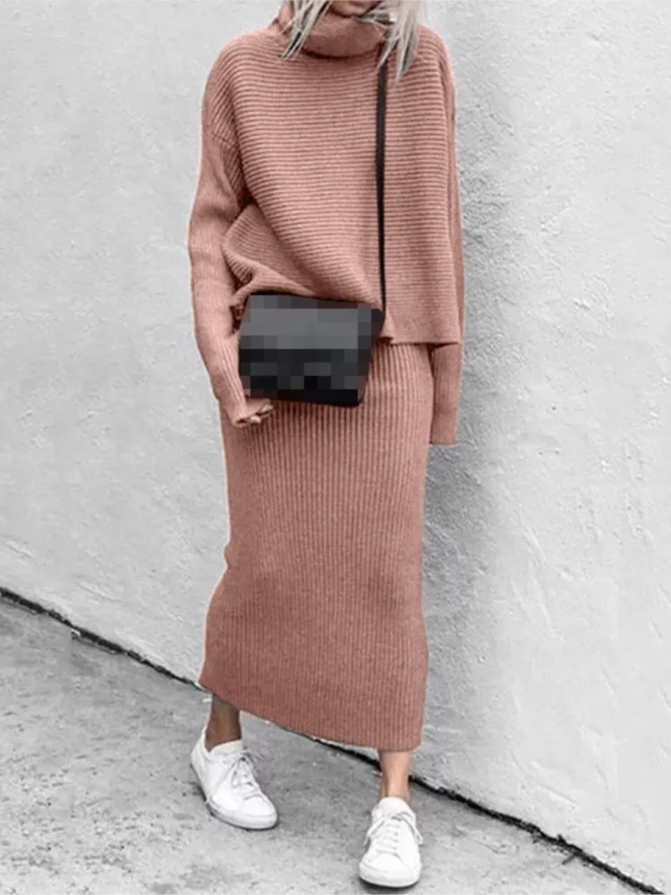 Autumn Winter New Women's Woven Mid Length Skirt Set Solid Color Casual Long Sleeved High Neck Warm Comfortable Sweater