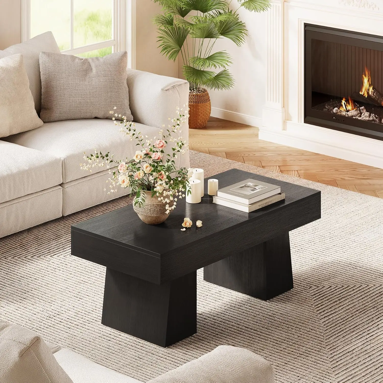 Farmhouse Coffee Table, 47 Inches Wooden Rectangular Accent Center Tables with Thick Base, Modern Low Cocktail Tea Furniture