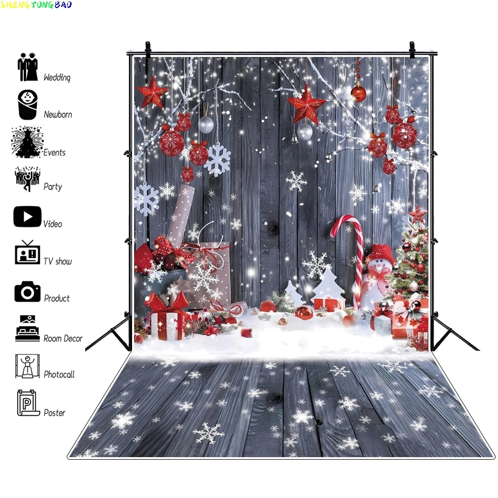 Christmas Wood Wall Photography Backdrop Winter Holiday Snowflake Xmas Tree Wood Floor Background Party Supplies Decor Studio