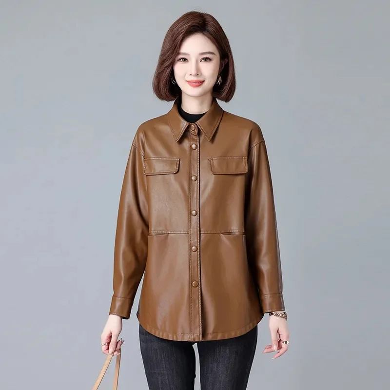 Sheepskin Leather Jacket For Women Spring Autumn 2024 New Middle-aged Mother Casual Loose Faux PU Leather Coat With Belt 3XL