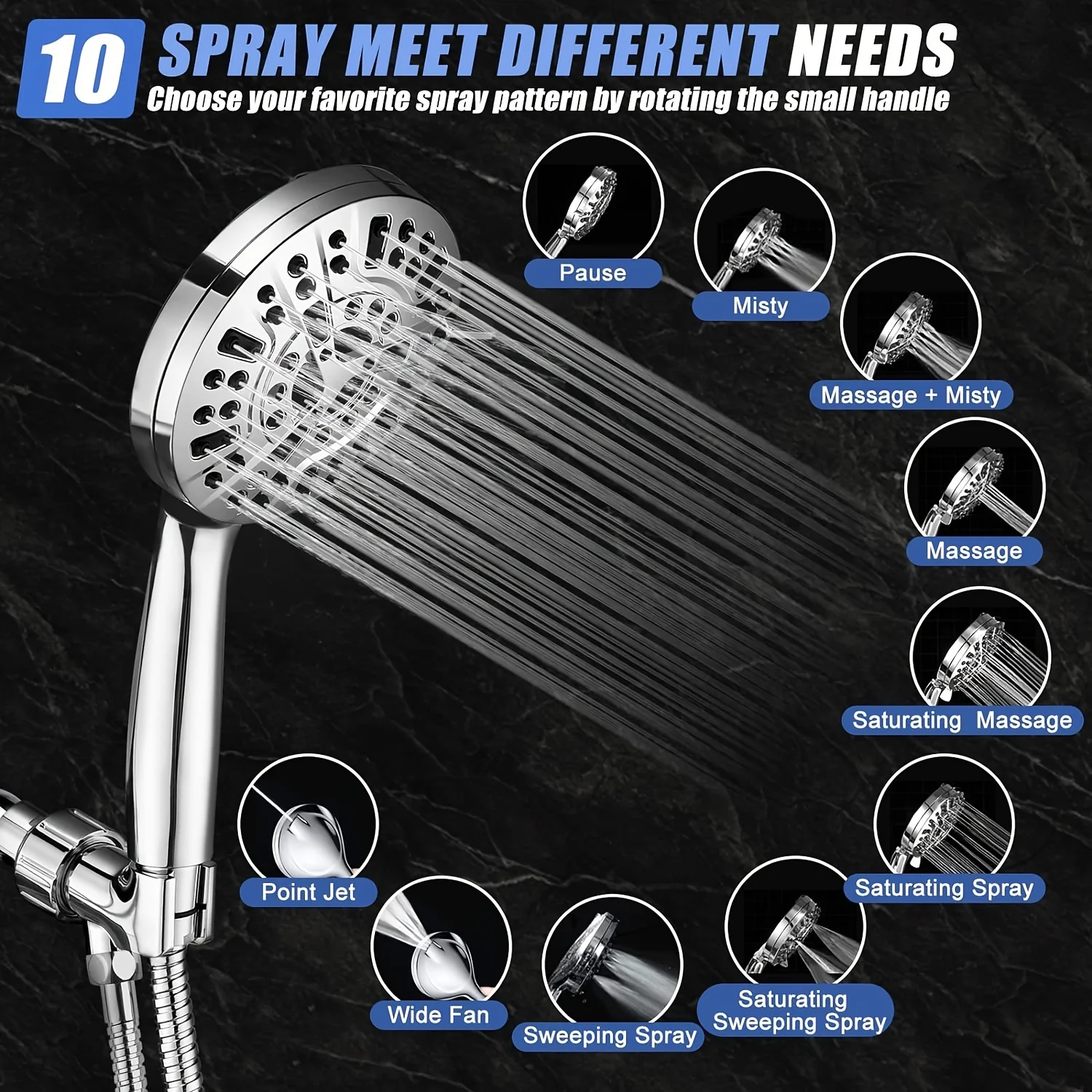 High Pressure Handheld Shower Head Set with 10 Spray Settings - Water Saving, Stainless Steel Hose & Holder - Perfect for Tubs, 