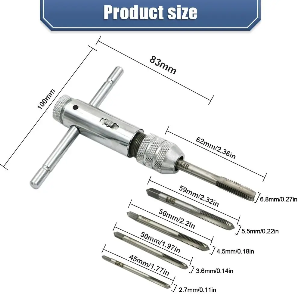 Adjustable Silver T-Handle Ratchet Tap Holder Wrench with 5pcs M3-M8 3mm-8mm Machine Screw Thread Metric Plug T-shaped Tap