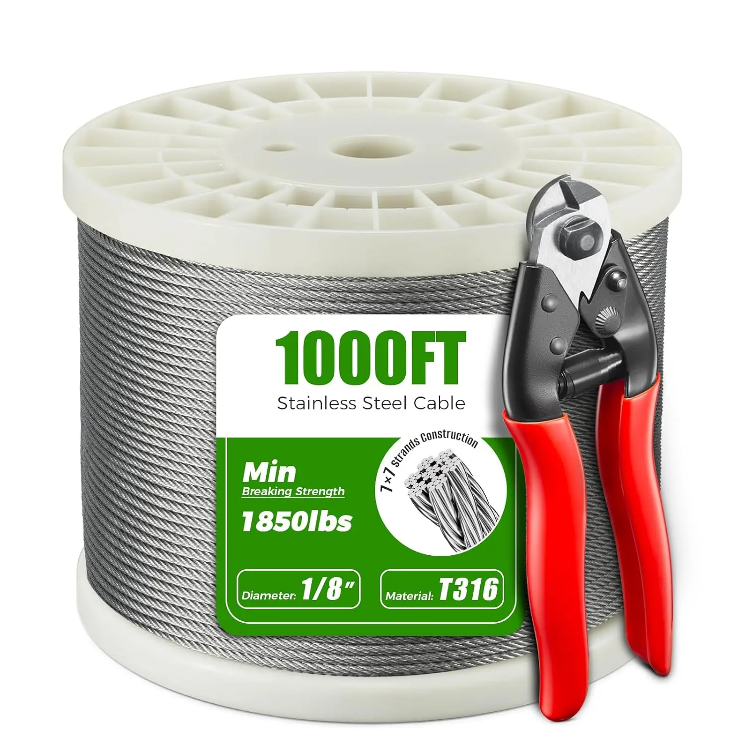 1/8" T316 Stainless Steel Cable 1000FT, Wire Rope Aircraft Cable with a Cutter for Fence, Deck Cable Railing Kit and DIY Balustr