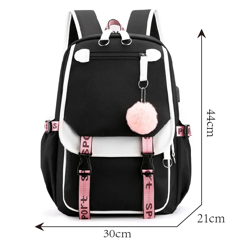 Large School Bags for Teenage Girls USB Port Canvas Schoolbag Student Book Bag Fashion Black Pink Teen School Backpack