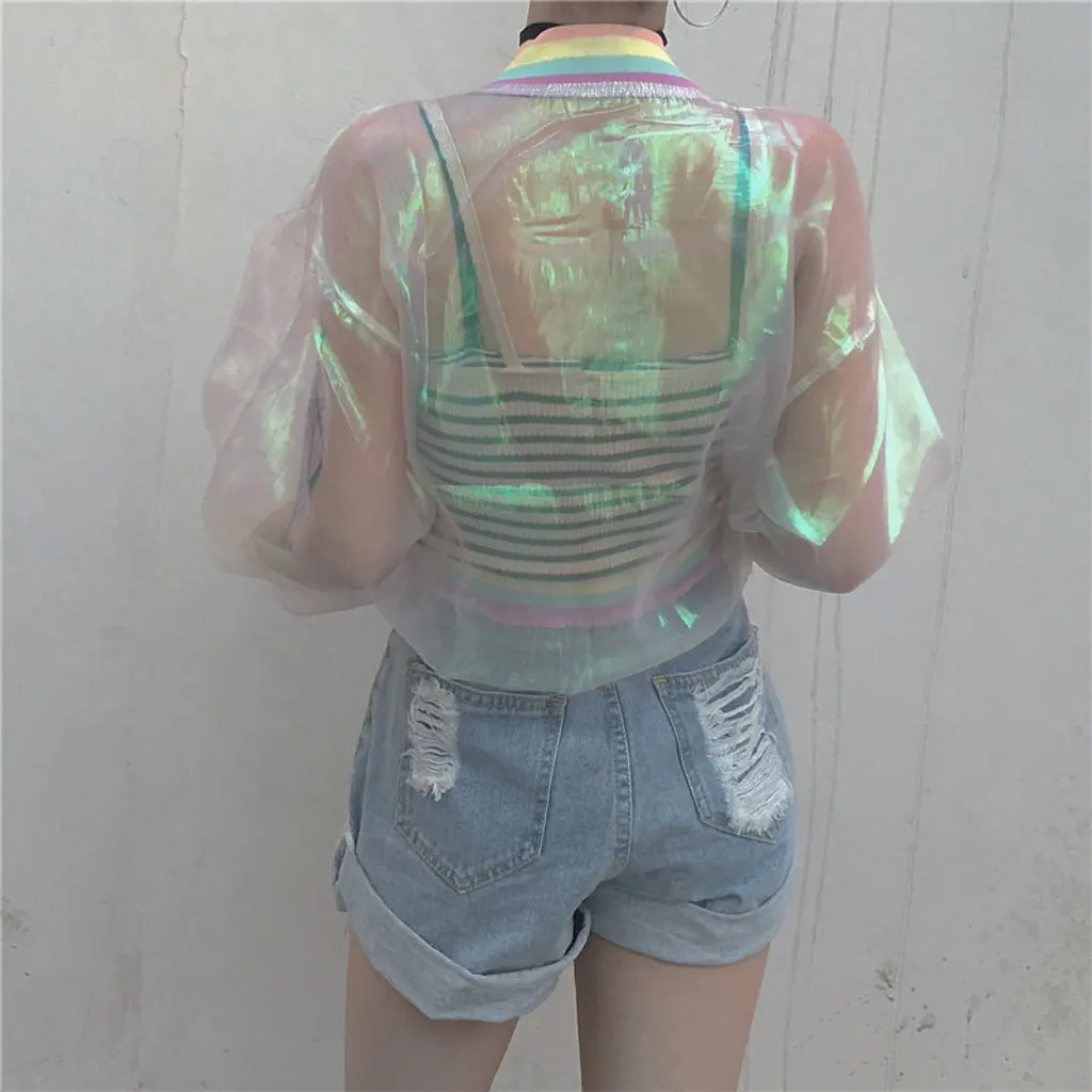 

Sun-Protective Explosions Short-Sleeved Rainbow Collar Organza Stitched Baseball Jacket All-Match Colorful Sweater for Women
