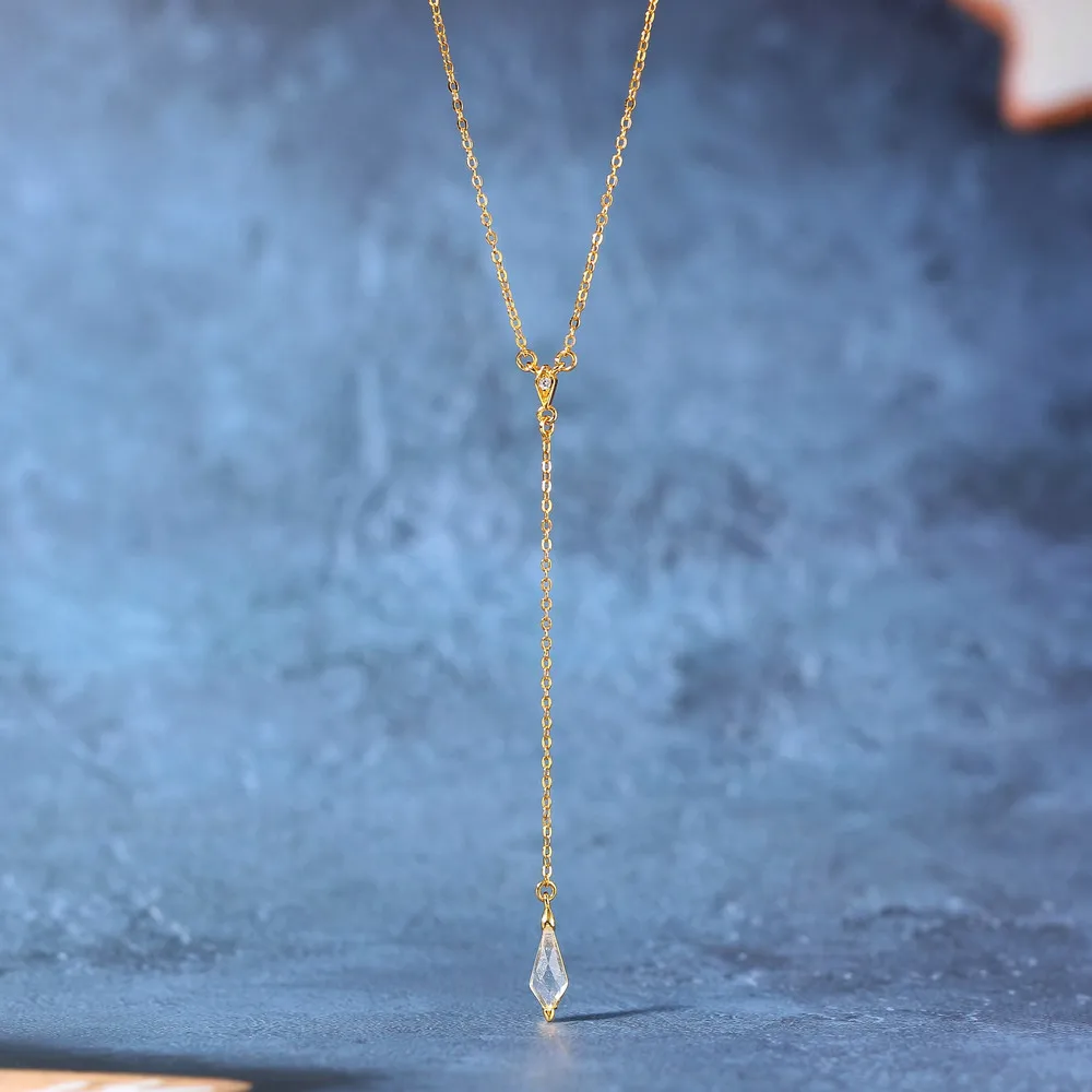 LAMOON Vintage Clear Crystal Pendant Long Necklac For Women 925 Sterling Silver 14k Gold Plated Fine Jewelry Wedding NI144