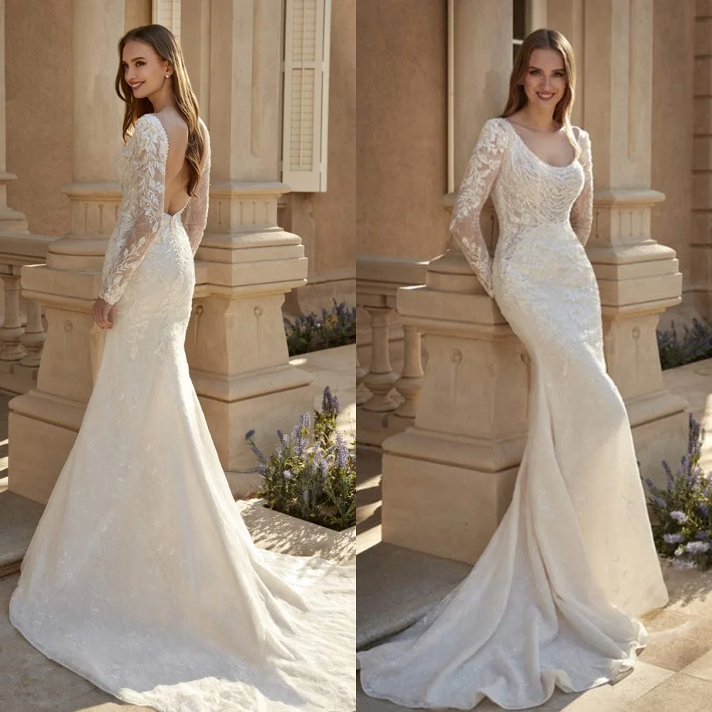 Abito da sposa in jersey bianco squisito personalizzato Temperamento Colletto quadrato Maniche lunghe Abiti da sposa sexy senza schienale per festa nuziale