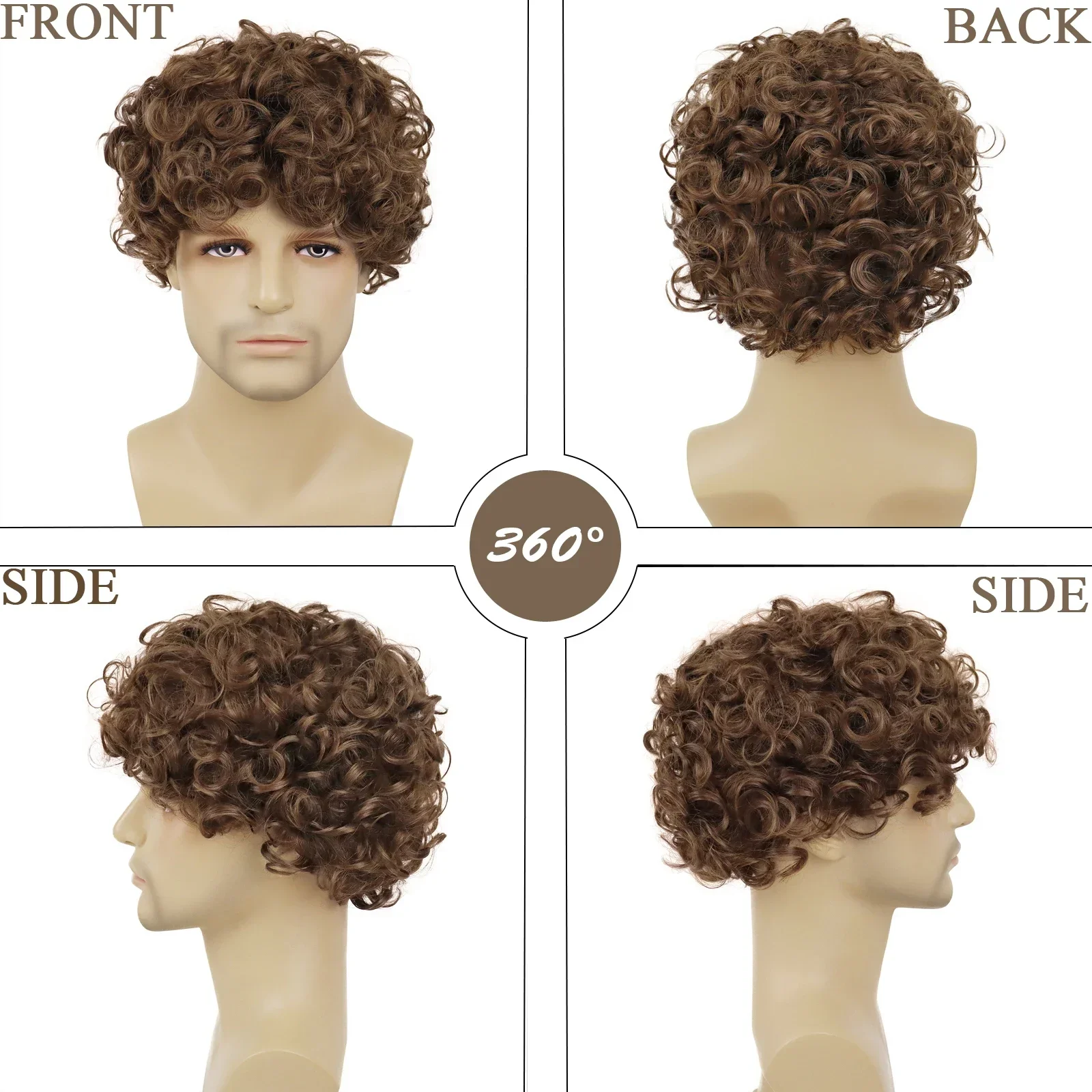 GNIMEGIL Men Wigs Natural Hairstyle Synthetic Fiber Short Brown Wig with Bangs Curly Wig Cosplay Carnival Halloween Costume Wig