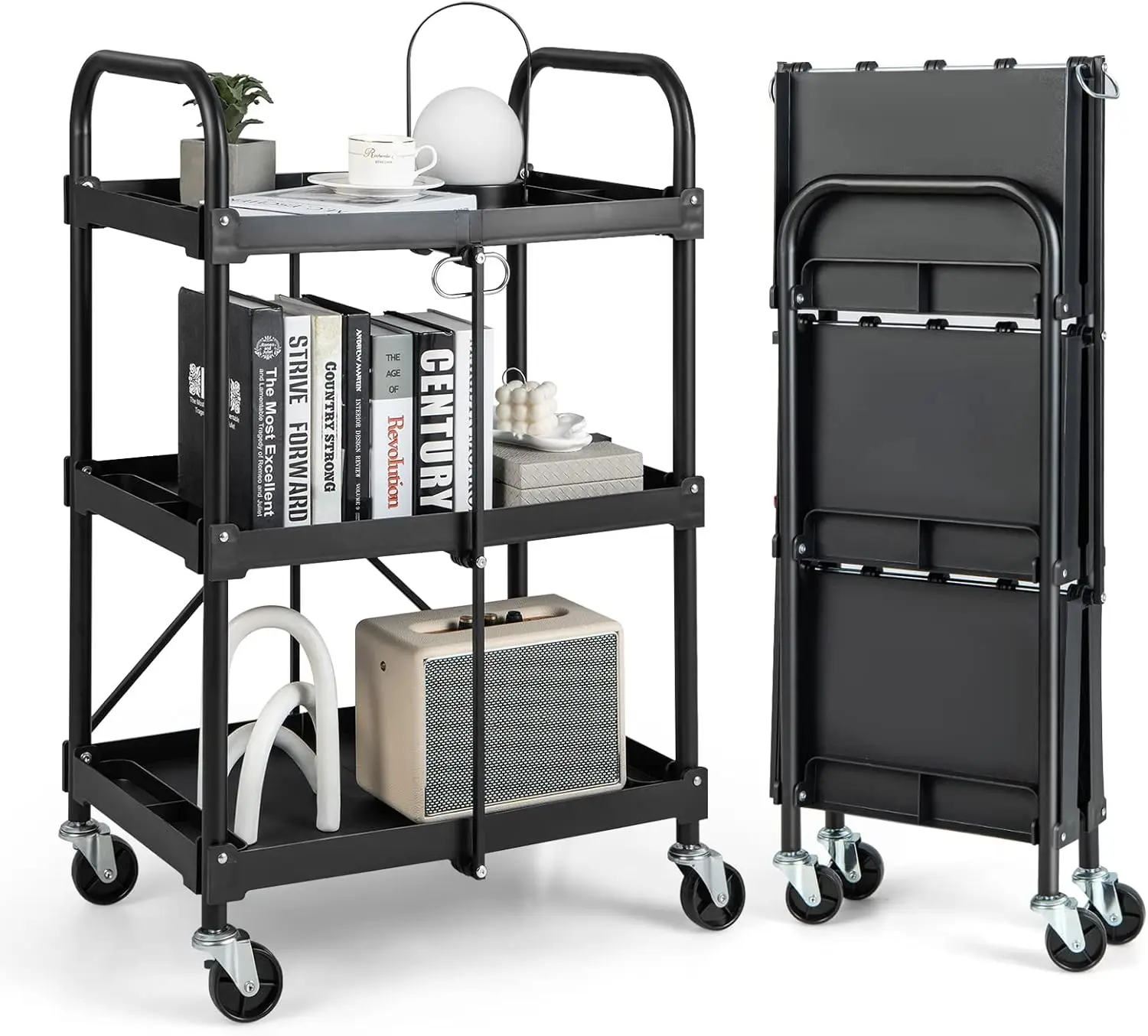 

Goplus Folding Utility Cart, 3-Tier Rolling Tool Cart w/Lockable Wheels, 300LBS Capacity, Divided Storage Compartments