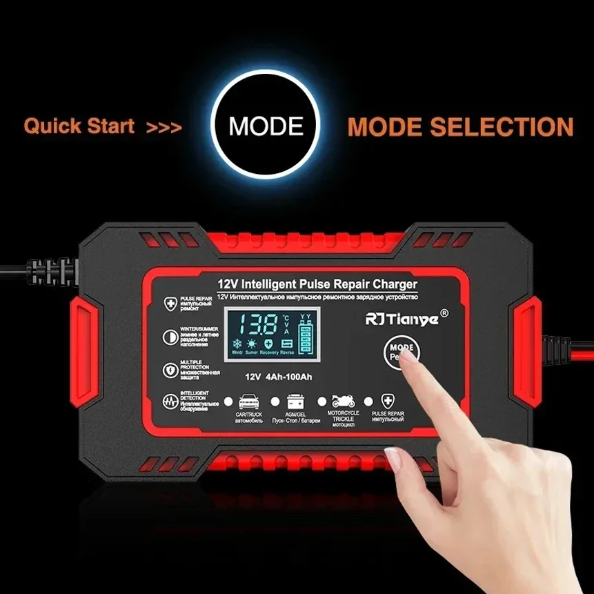Car Battery Charger 12V 6A Touch Screen Pulse Repair LCD Fast Power Charging Wet Dry Lead Acid Digital LCD Display
