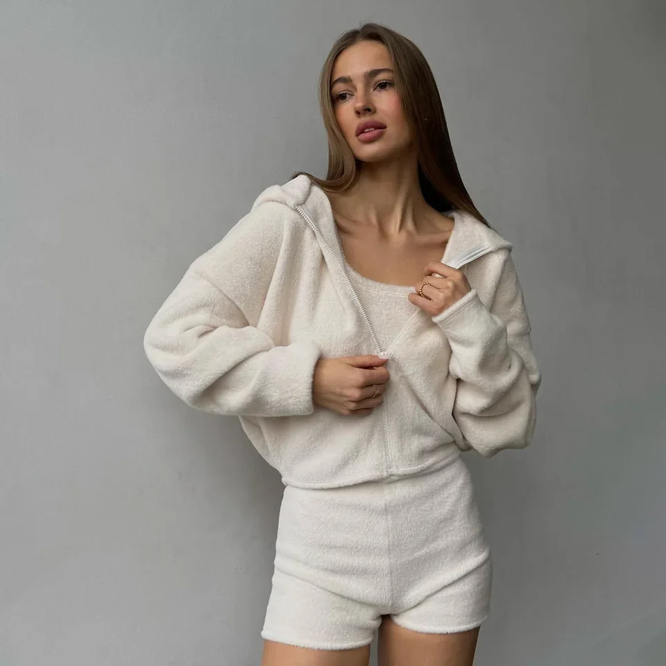 

2025 Autumn Winter New Faux Fur Cardigan Vest Shorts Three Piece Set Women Fashion Versatile Slimming Warm Outfit