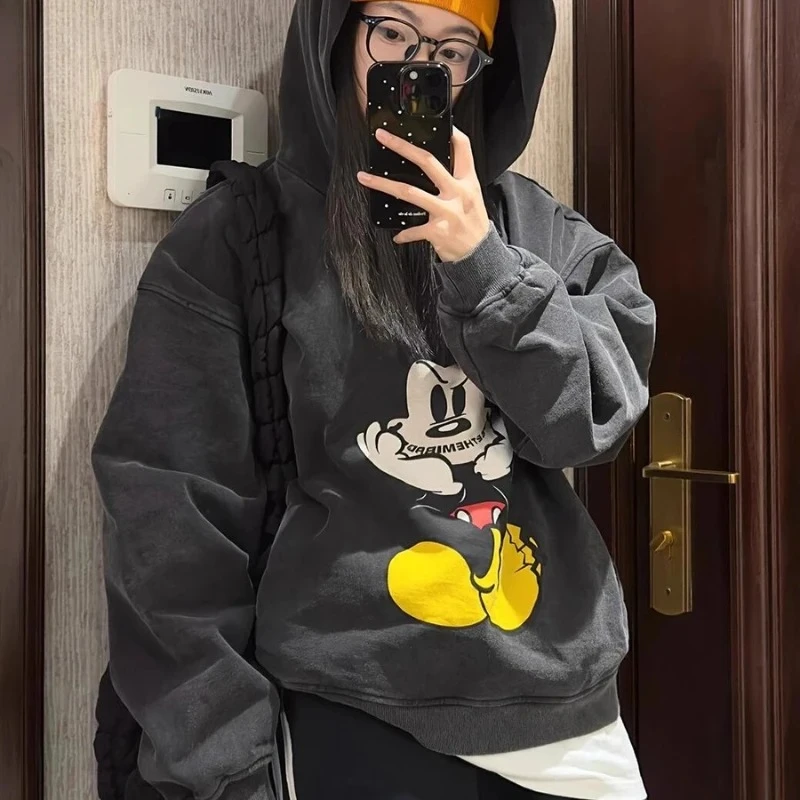 

Unisex Dark Gray Mickey Mouse Graphic Hoodie - Fleece Lined Oversized Fake Two-Piece Warm Casual Pullover