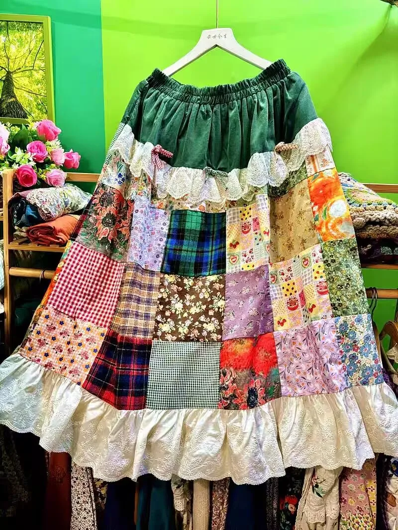 Mori menina feminina algodão retalhos babados rendas denim midi saia vintage retro chique cottagecore doce bonito lolita saia longa