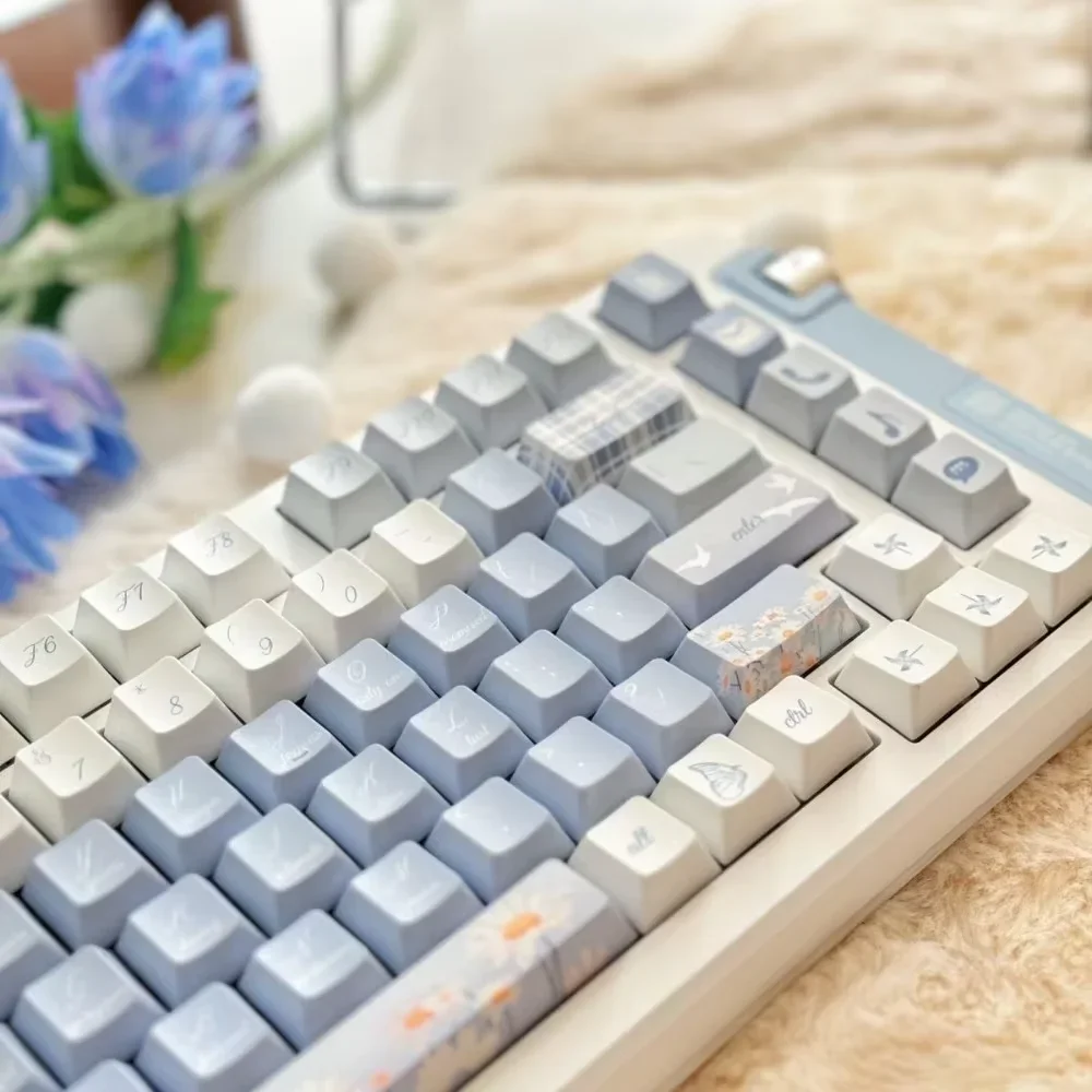 Material PBT Adequado para Teclado Mecânico, Cherry Light Blue Keycaps, Pequeno crisântemo, Conjunto completo