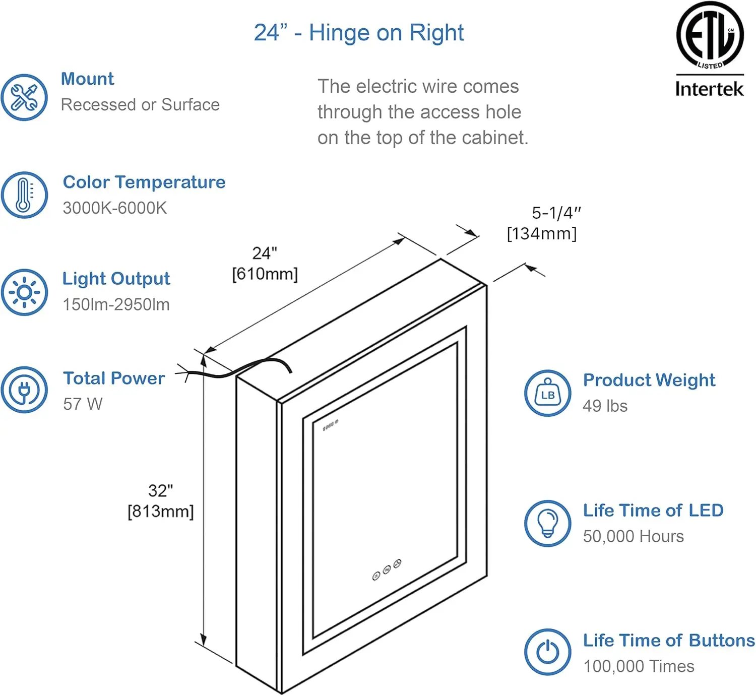 Blossom Recessed or Surface LED Mirror Medicine Cabinet with Lights, LED Medicine Cabinet, Outlets & USB (24x32/Zoom Mirror)