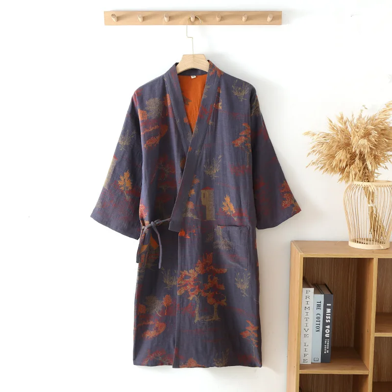 Kimono Robe Cotton Pajamas Spring Summer Loose Double Layer Gauze Men\'s Bathrobe Floral Print Sleepwear Lounge Gown