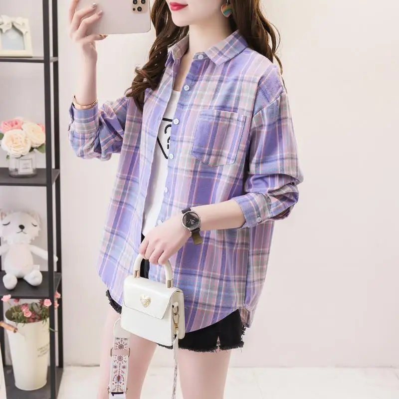 Women's Autumn Fashion Simplicity Plaid Long Sleeve Shirts Women Clothes Casual Loose All-match Temperament Elegant Tops