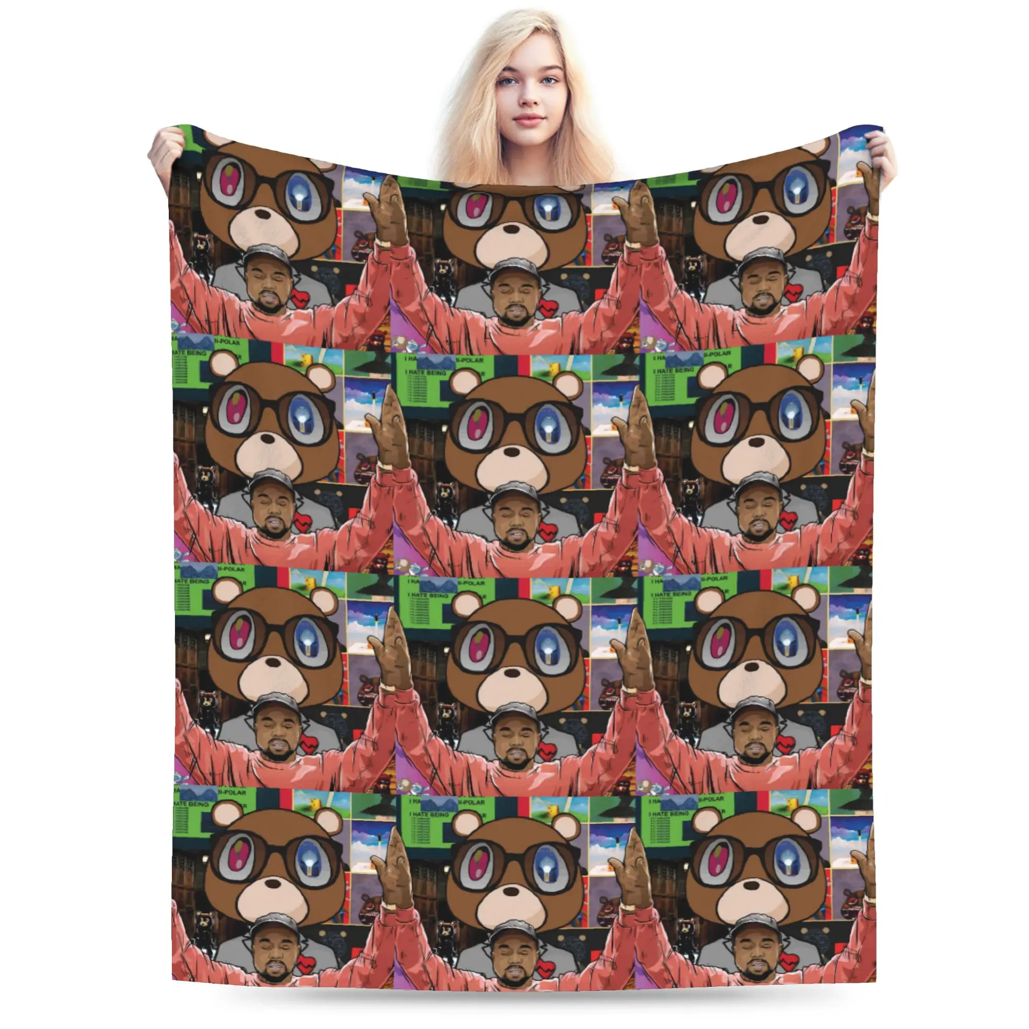 Custom 3D Printed Funny Kanye West Bear Blankets Breathable Soft Flannel Summer  Throw Blanket for Couch Travel Bedroom