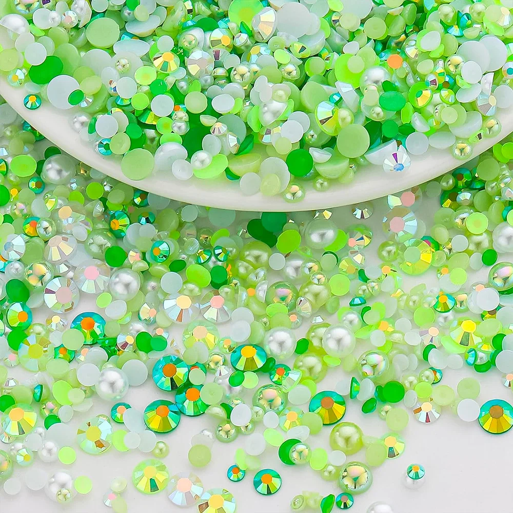 12000 Uds. Diamantes de imitación de perlas con parte posterior plana verde, diamantes de imitación de resina para manualidades, zapatos, uñas, arte facial con crayón de pinza